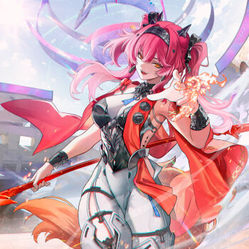 Rule 34 | 1girl, absurdres, armor, black bow, bodysuit, bow, breastplate, breasts, chromatic aberration, collar, commentary, earrings, gradient hair, hair between eyes, hair bow, hairband, hand up, headgear, highres, holding, holding polearm, holding weapon, jewelry, large breasts, long hair, looking at viewer, lupa (wuthering waves), metal collar, metal hairband, multicolored hair, nervi fd, open mouth, outdoors, pink hair, polearm, red pupils, red sash, sash, smile, solo, tacet mark (wuthering waves), tail, teeth, twintails, upper teeth only, weapon, white bodysuit, wolf tail, wrist guards, wuthering waves, yellow eyes