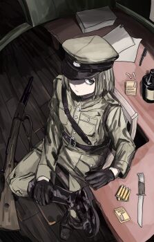 1boy axis_powers_hetalia belt black_belt black_boots black_gloves blonde_hair boots bottle breast_pocket bullet buttons chair closed_mouth collared_jacket crossed_legs dagger floor full_body gloves green_eyes green_hat green_jacket green_pants gun half-closed_eyes hat highres indoors jacket kiguchi05 knife leather leather_boots long_sleeves looking_afar male_focus military military_hat military_jacket military_uniform on_chair pants paper peaked_cap pen pocket poland_(hetalia) rifle short_hair sitting sniper_rifle solo table weapon