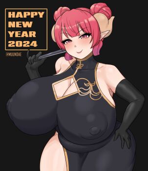 breasts chinese_clothes cleavage covered_areolae covered_erect_nipples elbow_gloves fat gigantic_breasts gloves hair_bun highres horns ilulu_(maidragon) kobayashi-san_chi_no_maidragon lips muundae red_eyes red_hair revealing_clothes smile smug