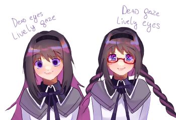 1girl akemi_homura akemi_homura_(magical_girl) black_bow black_collar black_hairband blush bow braid braided_twintails closed_mouth collar commentary dress dress_bow hairband highres keymeyy long_hair looking_at_viewer magical_girl mahou_shoujo_madoka_magica multiple_views purple_eyes red-framed_eyewear sidelocks simple_background smile solo upper_body white_background white_dress