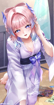 1girl absurdres blue_hair blush bow bow-shaped_hair breasts collarbone commentary genius_invokation_tcg genshin_impact gradient_hair hair_ornament hand_in_own_hair highres japanese_clothes kimono long_hair long_sleeves multicolored_hair neco_taya open_mouth pink_hair purple_bow purple_eyes purple_kimono purple_sash sangonomiya_kokomi sash shell shell_hair_ornament shell_print smile solo two-tone_hair