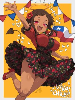 1girl :d achan_(argonchann) argonchann arm_up artist_name black_skirt blush_stickers border breasts brown_hair chilean_flag commentary_request dark-skinned_female dark_skin dress fang floral_print floral_print_skirt flower hair_flower hair_ornament halo heart high_heels highres large_breasts legs looking_at_viewer mole mole_under_eye open_mouth original outside_border print_skirt red_dress red_eyes red_flower red_shoes shoes short_bangs short_hair short_sleeves skirt skirt_hold smile solo tail white_border yellow_background yellow_halo