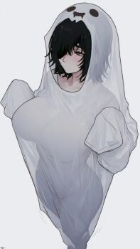 1girl black_hair breasts chainsaw_man commentary covering_privates english_commentary eyepatch from_above ghost_costume green_eyes highres himeno_(chainsaw_man) hshhs20679 large_breasts nude_cover short_hair simple_background solo white_background