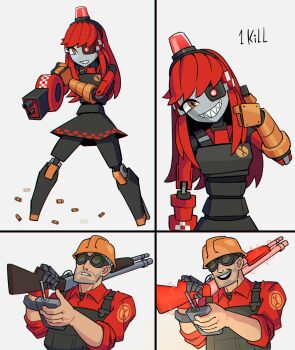 1boy 1girl 4koma :d android checkered_trim comic cross-shaped_pupils engineer_(tf2) english_text facial_hair fewer_digits full_body gameplay_mechanics goggles grin gun hard_hat helmet highres implied_murder long_hair mecha_musume mimi-sentry_(flyingpiggles) mlnlspartan no_feet open_mouth personification prosthesis prosthetic_hand red_engineer_(tf2) red_hair sharp_teeth shell_casing shotgun simple_background smile stubble symbol-shaped_pupils team_fortress_2 teeth thumbs_up upper_body weapon white_background
