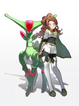 1girl arms_behind_back black_bodysuit blue_eyes bodysuit bodysuit_under_clothes boots braid brown_hair cape cropped_jacket full_body green_cape highres hilda_(champion)_(pokemon) hilda_(pokemon) iron_leaves jacket long_hair nintendo non-humanoid_robot official_alternate_costume pokemon pokemon_masters_ex ponytail robot robot_animal shorts smile sora_no87 standing thigh_boots tiara white_boots white_jacket white_shorts