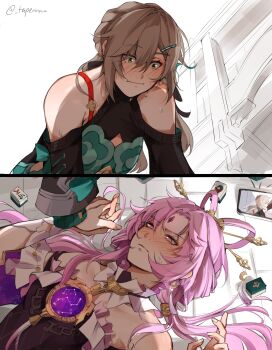 Rule 34 | 2girls, bare shoulders, black border, black dress, black ribbon, blush, border, brooch, brown hair, cellphone, chinese clothes, choker, closed mouth, clothing cutout, collarbone, commentary, constellation, constellation print, crescent, crescent ornament, detached sleeves, dress, earrings, english commentary, feixianji (hairstyle), fingernails, forehead jewel, frilled choker, frills, fu xuan (honkai: star rail), gem, gold ring, green dress, green eyes, hair between eyes, hair ornament, hair ribbon, hair stick, highres, holding hands, honkai: star rail, honkai (series), jewelry, long hair, long sleeves, looking at another, looking down, looking up, low twintails, lying, multiple girls, neck ring, nervous, on back, phone, pink eyes, pink hair, purple gemstone, qingque (honkai: star rail), ribbon, shadow, shirt, short sleeves, shoulder cutout, sleeveless, sleeveless dress, smartphone, sweat, sweatdrop, tapeanna, tassel, tassel earrings, twintails, two-tone dress, white choker, white shirt, wide sleeves, yuri