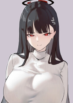 1girl absurdres black_hair black_halo blue_archive breasts closed_mouth commentary earrings hair_ornament hairclip halo highres huge_breasts jewelry katagiri_nanoka long_hair multicolored_halo red_eyes red_halo rio_(blue_archive) smile solo sweater turtleneck turtleneck_sweater two-tone_halo very_long_hair white_sweater