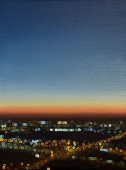 blue_sky blurry_vision city city_lights cityscape commentary dusk english_commentary gradient_sky highres no_humans oil_painting_(medium) orange_sky original outdoors painting_(medium) rionabuthello scenery sky traditional_media