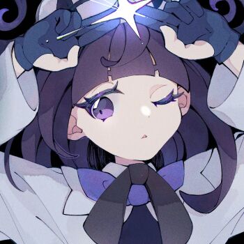 1girl arched_bangs black_background black_dress coat dress eyelashes gloves gu_gu12435 gwynn_(pokemon) hat highres long_sleeves looking_at_viewer nintendo one_eye_closed open_clothes open_coat parted_lips partially_fingerless_gloves pokemon pokemon_legends:_z-a short_hair solo upper_body white_coat