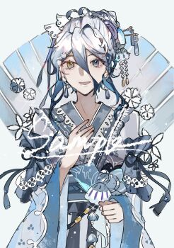 Rule 34 | 1girl, :d, blue eyes, blue hair, blue kimono, blue sash, chinese commentary, commission, cone hair bun, earrings, floral background, flower, glint, grey kimono, hair between eyes, hair bun, hair flower, hair ornament, hair stick, hand on own chest, heterochromia, highres, japanese clothes, jewelry, kanzashi, kimono, lace, lace-trimmed kimono, lace trim, layered sleeves, long bangs, long sleeves, looking at viewer, mole, mole under mouth, multicolored hair, open mouth, original, procreate (medium), qiu ji, sash, shell, shell hair ornament, sidelocks, single hair bun, smile, straight-on, streaked hair, tassel, tassel earrings, two-tone kimono, upper body, white background, white hair, wide sleeves, yellow eyes