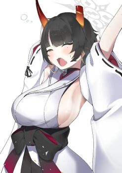 1girl armpits arms_up blue_archive breasts broken_horn commentary_request earrings gradient_horns halo hoop_earrings horns japanese_clothes jewelry kimono looking_at_viewer mole mole_under_eye multicolored_horns niya_(blue_archive) open_mouth orange_horns sideboob sideless_kimono sleeveless sleeveless_kimono solo user_pjjr4843 white_halo white_kimono yawning