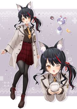 1girl absurdres animal_ears black_hair black_pantyhose boots brown_boots coat commentary_request cup disposable_cup full_body highres holding holding_cup hololive long_hair long_sleeves multicolored_hair multiple_views necktie neru5 one_eye_closed ookami_mio open_clothes open_coat open_mouth pantyhose red_hair red_skirt school_uniform skirt smile standing streaked_hair virtual_youtuber wolf_ears wolf_girl yellow_eyes yellow_necktie