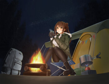 1girl absurdres backpack bag black_boots black_gloves black_pantyhose boots breasts brown_eyes brown_hair campfire camping commentary_request cooking_pot cup denim denim_shorts fire forest gloves green_jacket hair_bun hear_(kpmf4732) highres holding holding_cup idolmaster idolmaster_cinderella_girls jacket lace-up_boots large_breasts long_hair long_sleeves nature night one_side_up open_clothes open_jacket outdoors pantyhose portable_stove ribbed_sweater shimamura_uzuki short_shorts shorts single_side_bun sitting sky solo sweater tent turtleneck turtleneck_sweater variant_set white_sweater