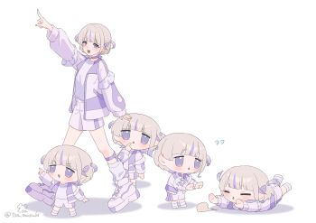 5girls absurdres bancho_(todoroki_hajime) blonde_hair chibi choker clone falling highres hololive hololive_dev_is jacket multicolored_hair multiple_girls open_mouth pointing pointing_up purple_choker purple_eyes shirt short_hair shorts signature simple_background streaked_hair toa_inusuki todoroki_hajime todoroki_hajime_(regloss_uniform) twitter_username two_side_up white_background white_jacket white_shirt white_shorts