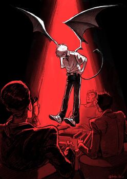 Rule 34 | 5boys, aged down, akagi: yami ni oritatta tensai, akagi shigeru, back, belt, black belt, black pants, closed eyes, collared shirt, dark background, demon tail, demon wings, floating, fukumoto mahjong, full body, glasses, haka fkmt, hands in pockets, head down, highres, jacket, leaning forward, looking at another, mahjong, mahjong tile, male focus, multiple boys, no mouth, on floor, open mouth, pants, red light, red theme, shirt, shoes, short hair, short sleeves, sitting, solo focus, spotlight, sweatdrop, table, tail, tail raised, twitter username, white hair, white shirt, white shoes, wide shot, wings