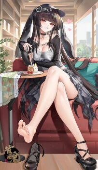 Rule 34 | 1girl, atdan, barefoot, black hair, blush, breasts, cake, cleavage, crossed legs, feet, food, grin, hat, highres, long hair, looking at viewer, red eyes, shoes, sitting, smile, soles, swiss roll, toes, unworn shoes