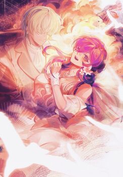 1boy 1girl :d alternate_costume alternate_hairstyle anshango breasts closed_mouth dress female_shez_(fire_emblem) fire_emblem fire_emblem:_three_houses fire_emblem_warriors:_three_hopes flower green_hair hair_flower hair_ornament highres jewelry male_byleth_(awakened)_(fire_emblem) male_byleth_(fire_emblem) medium_breasts necklace nintendo official_alternate_hair_color open_mouth pearl_necklace purple_hair shirt short_hair smile standing teeth tongue upper_teeth_only white_dress white_shirt