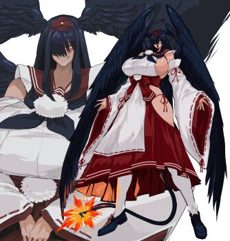 1girl absurdres bare_shoulders black_hair black_shoes black_wings bombergirl bow breasts clothing_cutout detached_sleeves feathered_wings full_body grin hair_ornament head_wings highres huge_breasts japanese_clothes karasuba_hiiro large_breasts long_hair long_sleeves monster_girl nontraditional_miko open_mouth panties pantyhose pelvic_curtain pom_pom_(clothes) puffy_sleeves ribbon sash shoes side-tie_panties sideboob simple_background skirt smile tail tall_female tengu underwear warawaranka wings