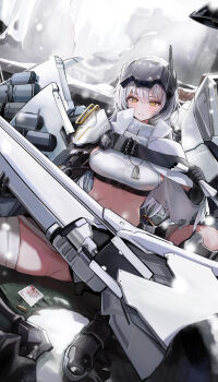 Rule 34 | 1girl, absurdres, bandaged leg, bandages, blance, breasts, bullet, cloak, commentary request, dog tags, goddess of victory: nikke, headgear, highres, holding, large breasts, light blush, long hair, looking at viewer, mechanical arms, mechanical hands, outdoors, parted lips, photo (object), sitting, snow, snow white (heavy arms) (nikke), snow white (nikke), solo, thighs, torn cloak, torn clothes, white cloak, white hair, yellow eyes