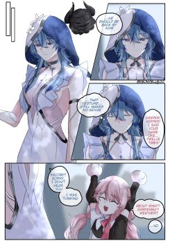 2girls absurdres armlet blue_hair blue_veil breasts closed_eyes closed_mouth colored_eyelashes commentary cosmos_(wuthering_waves) dress ebonyblue00 encore_(wuthering_waves) english_commentary english_text hair_between_eyes hands_up highres jewelry long_hair medium_breasts multiple_girls open_mouth pink_hair purple_eyes shorekeeper_(wuthering_waves) smile twitter_username two-tone_veil veil white_dress white_veil wuthering_waves