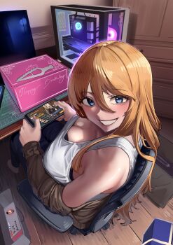 1girl absurdres azur_lane bismarck_(azur_lane) bismarck_(beacon_of_the_iron_blood)_(azur_lane) blonde_hair box breasts cellphone chair cleavage commentary commission computer computer_tower english_commentary foreshortening hair_between_eyes harris_hero highres large_breasts looking_at_viewer looking_back off_shoulder office_chair phone photo-referenced playing_games second-party_source sitting smartphone smile solo swivel_chair wooden_floor