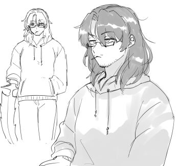 1boy absurdres alternate_costume arthropod_limbs bags_under_eyes beard_stubble casual cigarette closed_mouth contemporary drawstring expressionless eyes_visible_through_hair facial_hair glasses gregor_(project_moon) greyscale hair_between_eyes hair_down half-closed_eyes hand_in_pocket highres hood hood_down hoodie jitome kikkoinu limbus_company long_hair long_sleeves looking_ahead looking_at_viewer looking_to_the_side low_ponytail male_focus messy_hair monochrome mouth_hold multiple_views pants parted_bangs ponytail project_moon raised_eyebrow sanpaku semi-rimless_eyewear simple_background sketch smoking solo standing stubble under-rim_eyewear upper_body walking white_background