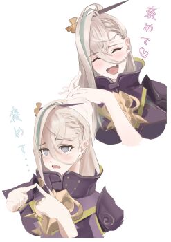 1girl @_@ absurdres commentary_request facing_viewer fang fate/grand_order fate_(series) grey_hair hair_between_eyes hair_ornament hairpin highres huyan_zhuo_(fate) index_fingers_together long_hair looking_at_viewer multicolored_hair open_mouth simple_background skin_fang smile solo streaked_hair translation_request white_background yakumo_ritsu