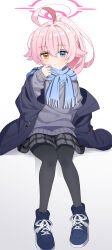 Rule 34 | 1girl, absurdres, ahoge, black footwear, black jacket, blue archive, blue eyes, blue scarf, blush, closed mouth, fringe trim, full body, grey shirt, grey skirt, hair between eyes, halo, highres, hoshino (blue archive), jacket, long hair, long sleeves, looking at viewer, open clothes, open jacket, pink hair, pink halo, scarf, shirt, shoes, skirt, solo, warojiku, yellow eyes
