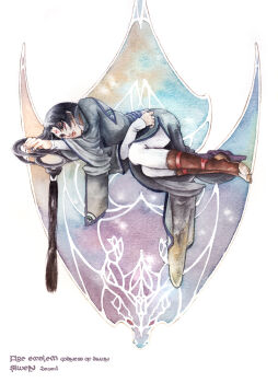 1boy bishounen black_hair boots closed_mouth commentary_request copyright_name facial_mark fire_emblem fire_emblem:_radiant_dawn forehead_mark full_body lips long_hair lying male_focus nintendo on_side red_eyes senehrio solo soren_(fire_emblem) very_long_hair