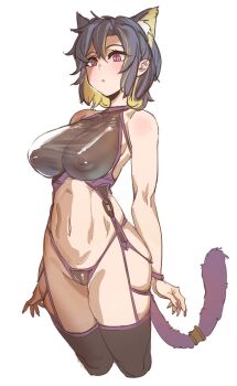 1girl animal_ear_fluff animal_ears areolae_visible_through_clothing bikini black_bikini black_hair black_thighhighs blonde_hair bow_(bhp) breasts cameltoe cat_ears cat_girl cat_tail fingernails frilled_thigh_strap garter_straps highleg highleg_bikini highres large_breasts lips long_fingernails multicolored_hair original pink_eyes purple_bikini purple_nails see-through_clothes see-through_shirt shirt short_hair skindentation sleeveless solo standing swimsuit tail tail_ornament thigh_strap thighhighs white_background wide_hips