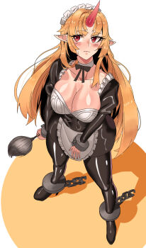 absurdres blonde_hair blush breasts chain gamjasssak highres hoshiguma_yuugi large_breasts latex maid muscular muscular_female oni subterranean_animism touhou