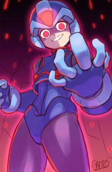 1boy android armor blue_bodysuit blue_headwear blue_helmet bodysuit commentary_request copy_x_(mega_man) cowboy_shot crazy_smile evil_smile forehead_jewel from_below glowing helmet highres looking_at_viewer male_focus mega_man_(series) mega_man_zero_(series) red_eyes ringed_eyes shoutaro_saito signature smile solo standing