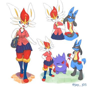 1boy 1girl animal_ears animal_feet animal_hands animal_nose arm_at_side arm_up artist_name bag barefoot black_eyes black_fur blue_fur blue_skirt blush body_fur bottomless bright_pupils buck_teeth cinderace closed_mouth clothed_pokemon collared_shirt colored_sclera elbow_bump eye_contact flat_chest food full_body furry furry_female furry_male gen_1_pokemon gen_4_pokemon gen_8_pokemon gengar grass grin hand_on_own_hip hand_up happy heel_up highres holding holding_food holding_popsicle j.jama jacket light_blush looking_at_another looking_at_viewer looking_to_the_side lucario matching_hair/eyes miniskirt multicolored_fur nintendo no_shirt one_eye_closed open_clothes open_jacket open_mouth pleated_skirt poke_ball_symbol pokemon pokemon_(creature) popsicle rabbit_ears rabbit_girl rabbit_tail raglan_sleeves red_eyes red_fur red_hair red_jacket red_sclera red_shirt redrawn school_bag school_uniform shirt short_hair short_sleeves shoulder_bag sideways_glance simple_background skirt smile spikes standing star_(symbol) tail teeth twitter_username walking watermark white_background white_fur white_pupils white_sleeves wink wolf_boy wolf_ears wolf_tail yellow_fur