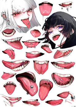 absurdres angelbite_(piercing) black_hair commentary ear_piercing face_piercing fangs finger_in_own_mouth forked_tongue highres jewelry labret_piercing lip_piercing mayamadesu open_mouth original piercing purple_eyes red_eyes ring snakebite_(piercing) symbol-only_commentary tareme teeth tongue tongue_out tongue_piercing white_hair