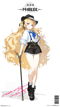 1girl absurdres alternate_costume barcode black_boots black_hat black_skirt blonde_hair boots butyou_(mika1412) cane character_name commentary fake_facial_hair fake_mustache full_body hair_ornament hat highres holding holding_cane long_hair naver_username phoebe_(wuthering_waves) purple_eyes shirt signature skirt solo standing suspender_skirt suspenders tacet_mark_(wuthering_waves) twitter_username very_long_hair watermark web_address white_shirt wuthering_waves x_hair_ornament