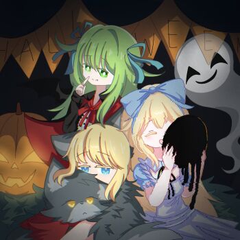 1boy 3girls alice_(black_souls) animal animal_costume animal_ears apron black_background black_jacket black_liquid black_mask black_souls black_souls_2 blonde_hair blue_dress blue_eyes blue_ribbon cape closed_eyes covering_own_mouth double-parted_bangs dress fang faydee fur_cape ghost glitch green_eyes green_hair grin hair_ribbon halloween highres holding holding_mask jacket leaf_(black_souls) light_smile long_hair mask medium_hair multiple_girls pointing pointing_at_self poro_(black_souls) pumpkin putting_on_mask red_cape red_hood_(black_souls) ribbon shirt short_hair smile swept_bangs vampire_costume white_apron white_shirt wolf wolf_costume wolf_ears