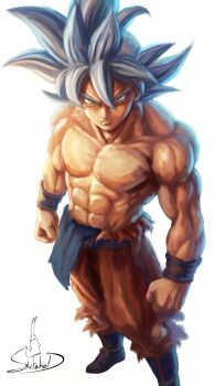 Rule 34 | 1boy, abs, absurdres, blue boots, blue sash, blue wrist cuffs, boots, dragon ball, dragon ball super, full body, grey eyes, grey hair, highres, male focus, medium hair, muscular, muscular male, orange pants, pants, sash, sirfahod, solo, son goku, spiked hair, standing, torn clothes, torn pants, ultra instinct, wrist cuffs