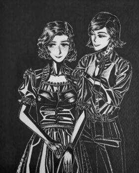 2girls belt belt_buckle black_pants bordfunker133 breasts buckle character_request collarbone collared_shirt cougar_pattern cougar_pattern_foulard cross curly_hair dirndl dress dress_shirt embarrassed foulard frilled_dress frills genderswap genderswap_(mtf) german_clothes greyscale grin hanne-lies_kuepper hans-joachim_marseille highres iron_cross leather_belt looking_at_another marseille-chan_(bordfunker133) medium_hair monochrome multiple_girls narrowed_eyes no_jacket original pants puffy_short_sleeves puffy_sleeves real_life shirt short_sleeves small_breasts smile soldier watch white_shirt world_war_ii wristwatch yuri