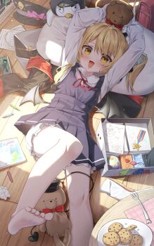 1girl absurdres arms_up black_coat black_dress black_hat blonde_hair blue_archive blush coat cookie demon_horns demon_tail doll dress food halo hat highres horns huge_filesize ibuki_(blue_archive) indoors long_hair long_sleeves looking_at_viewer lying maeru on_back on_floor open_mouth shirt solo stuffed_animal stuffed_toy tail teddy_bear white_shirt wings wooden_floor yellow_eyes yellow_halo