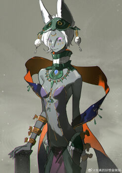 1girl akihare animal_ears aqua_eyes bare_shoulders bracelet breasts center_opening chinese_commentary closed_mouth cloud cloudy_sky collar colored_eyelashes commentary_request cowboy_shot day detached_collar expressionless eyeshadow facial_mark forehead_mark furry furry_female gold_bracelet green_collar green_mask hagoromo high_collar highres jewelry leotard looking_ahead makeup marking_on_cheek mascara mask mask_on_head mineru_(zelda) multiple_bracelets necklace nintendo outdoors pink_eyeshadow purple_leotard rabbit_ears rabbit_girl revealing_clothes shawl short_hair sky small_breasts snowing solo standing strapless strapless_leotard the_legend_of_zelda the_legend_of_zelda:_tears_of_the_kingdom two-tone_collar watermark weibo_watermark white_collar white_hair