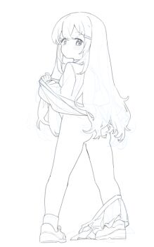 1girl ass baigao-ji_(baigao) borrowed_character clothes_lift djheycha expressionless from_behind full_body hair_ornament hairclip legs legs_apart lifting_own_clothes loli long_hair looking_at_viewer looking_back miniskirt monochrome no_panties original pleated_skirt pussy pussy_peek shoes sketch skirt skirt_around_one_leg socks solo standing sweater sweater_lift thighs