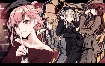 >:) 4girls :d bare_shoulders black_bow black_jacket black_pants black_suit blonde_hair bow brown_eyes brown_jacket brown_suit closed_mouth collared_shirt commentary d4dj formal_clothes frown grey_hair grey_jacket grey_pants grey_shirt grey_suit grin hair_bow hair_ribbon highres jacket kasuga_haruna long_hair long_sleeves looking_at_viewer lyrical_lily multiple_girls off-shoulder_sweater off_shoulder open_clothes open_jacket open_mouth pant_suit pants phonograph pink_hair profile red_hair red_sweater ribbon sakurada_miyu shiratori_kurumi_(d4dj) shirt smile suit sweater takeshita_miiko two_side_up v-shaped_eyebrows wavy_mouth white_ribbon yukitake_(bullfalk)