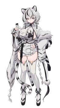 1girl absurdres animal_ears black_dress black_eyes black_hair black_kimono black_nails black_sandals black_streaks breasts closed_mouth commentary_request crossed_bangs dress fingernails grey_eyes hair_between_eyes hand_on_own_hip highres huge_breasts japanese_clothes katana kimono korean_commentary krabking legs long_sleeves multicolored_dress multicolored_eyes multicolored_hair multicolored_kimono nail_polish open_clothes open_kimono original paw_print platform_sandals sandals scabbard sheath short_hair sideboob simple_background solo standing sword tachi-e tail thighhighs thighs two-tone_dress two-tone_eyes two-tone_hair two-tone_kimono weapon white_background white_dress white_hair white_kimono white_thighhighs wide_hips wide_sleeves