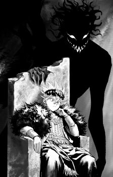 2boys absurdres asta_(black_clover) black_clover demon_boy fur_shawl greyscale hair_between_eyes headband highres kisany liebe_(black_clover) male_focus monochrome multiple_boys pants sharp_teeth shawl short_hair sitting teeth
