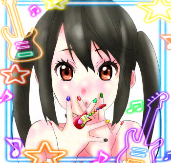 1girl artist_request bare_shoulders black_hair black_nail_polish brown_eyes collarbone dot_nose facing_viewer feet_out_of_frame female_focus guitar hair_between_eyes instrument k-on! long_hair looking_at_viewer musical_note nail_polish nakano_azusa open_mouth sleeveless solo source_request standing star_(symbol) twintails upper_body