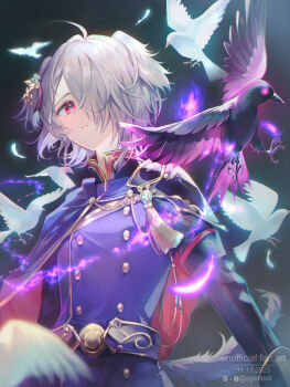 11-chan 1girl ahoge androgynous animal_ears bird cape crossdressing crossdressing_(ftm) crow dated dog_ears dog_girl feathers fire fire_emblem fire_emblem_shadows glowing glowing_eye grey_hair kurt_(fire_emblem) nintendo purple_fire red_eyes short_hair simple_background solo