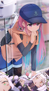 1girl absurdres alternate_costume anchor_hat_ornament aqua_hair backpack bag baseball_cap black_bag black_pantyhose black_shirt blue_hat blue_shorts blurry blurry_background blush braid character_doll colored_inner_hair crane_game doll hand_to_own_mouth hat hat_ornament highres hololive hood hoodie long_hair long_sleeves minato_aqua mochiki_927 multicolored_hair murasaki_shion murasaki_shion_(1st_costume) orange_hoodie pantyhose pink_eyes pink_hair reflection shirt shorts sleeves_past_wrists solo two-tone_hair virtual_youtuber