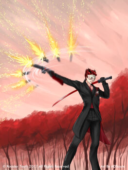 1boy adam_taurus adsouto black_gloves black_jacket black_pants gloves gun highres holding holding_gun holding_sword holding_weapon horns jacket katana male_focus mask official_art open_mouth over_shoulder pants red_hair red_shirt rifle rwby shirt shotgun smile spiked_hair standing sword sword_over_shoulder tagme tree weapon weapon_over_shoulder wilt_and_blush