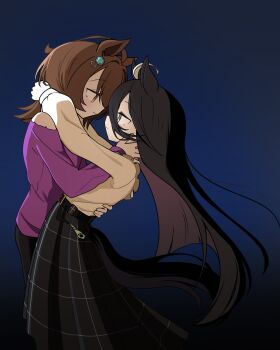 Rule 34 | 2girls, absurdres, agnes tachyon (casual) (umamusume), agnes tachyon (umamusume), ahoge, animal ears, arms around neck, black hair, black skirt, blush, brown hair, casual, closed mouth, commentary, earrings, hair between eyes, highres, horse ears, horse girl, horse tail, jewelry, kwnk zo 1129, long bangs, long hair, long hair between eyes, long sleeves, looking at another, manhattan cafe (casual) (umamusume), manhattan cafe (umamusume), medium hair, multicolored hair, multiple girls, off-shoulder shirt, off shoulder, purple shirt, purple sweater, red eyes, shirt, short hair, single earring, skirt, sweater, symbol-only commentary, tail, umamusume, white hair, yellow eyes, yellow shirt, yuri