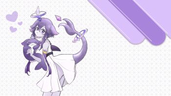 1girl :3 animal bare_shoulders closed_mouth colored_skin commentary dress english_commentary eyelashes fins fish_tail grey_skin grimlin_vt halo heart highres holding holding_animal indie_virtual_youtuber mascot megalodon_(vtuber) purple_eyes purple_hair shark_girl shark_tail shorkie_(megalodon_(vtuber)) short_hair short_hair_with_long_locks sidelocks smile tail virtual_youtuber white_background white_dress